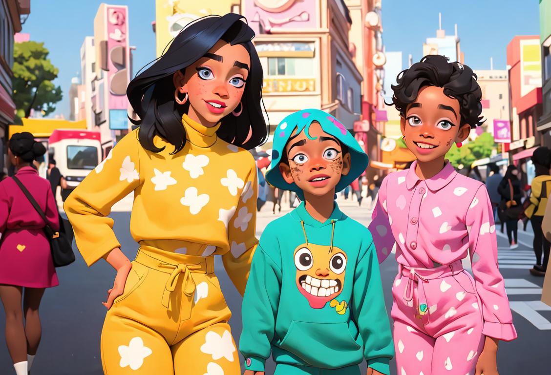 A group of diverse people, including children, showcasing their unique skin patterns with bright smiles, wearing trendy outfits, urban city backdrop..