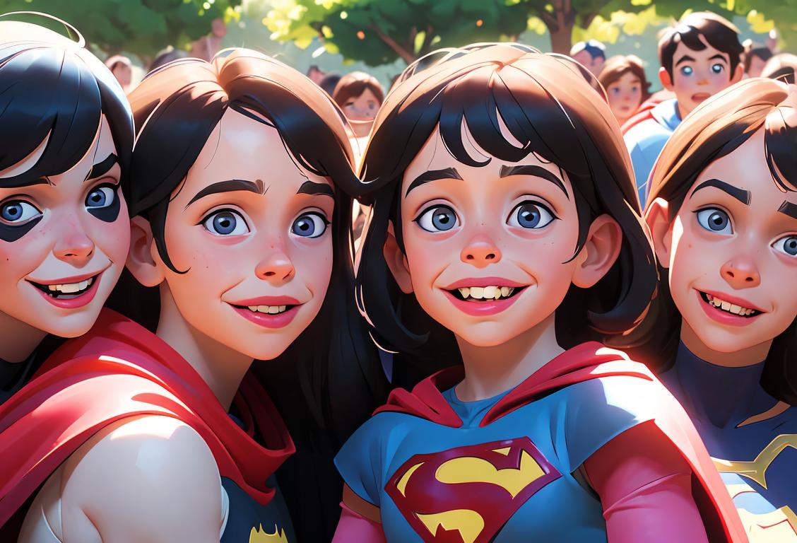 Young child with Williams Syndrome, wearing a superhero cape and a big smile, surrounded by a diverse group of friends playing outdoors..