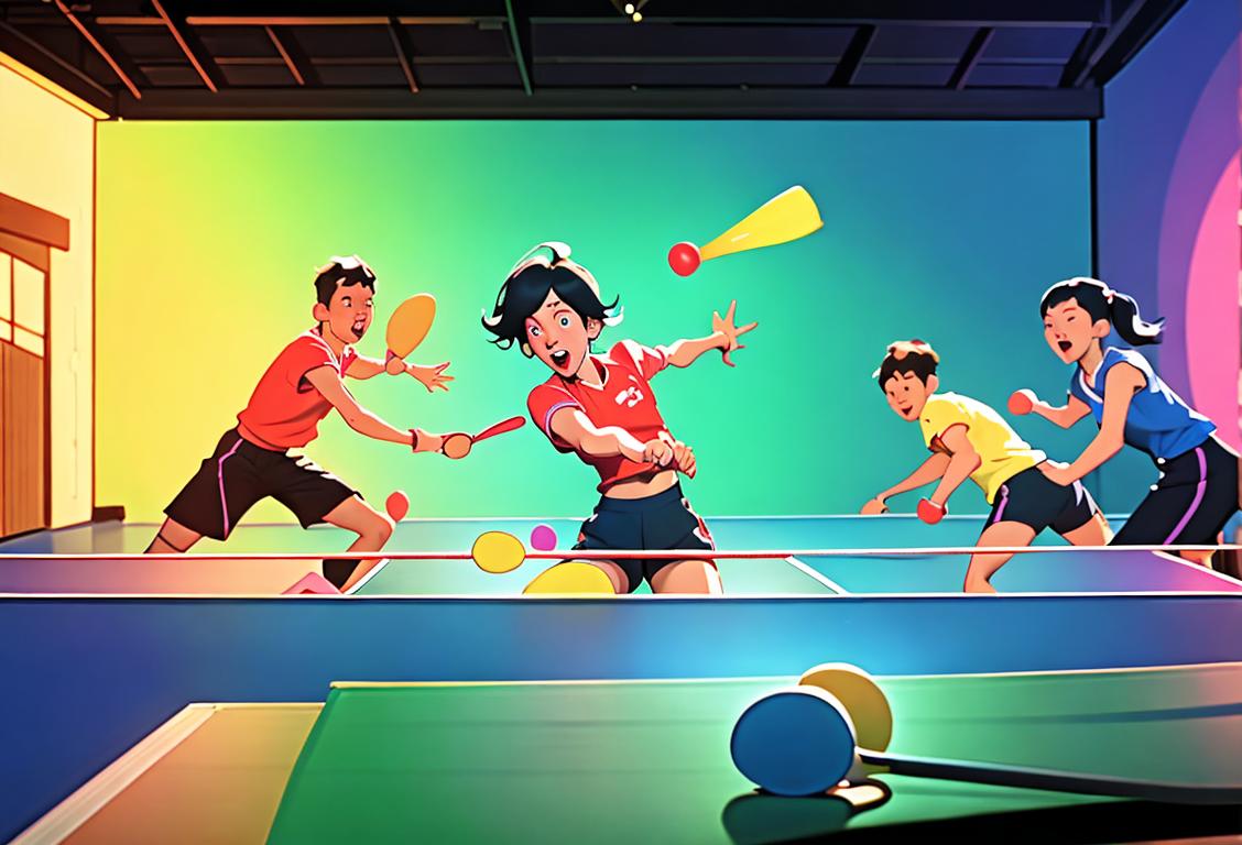 A group of people wearing colorful sportswear playing ping pong in a vibrant indoor setting with energetic music and lots of cheering..