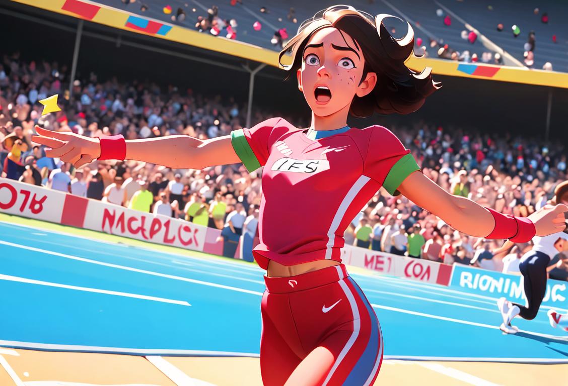 Young person triumphantly crossing a finish line, wearing athletic gear, with cheering crowd in the background..