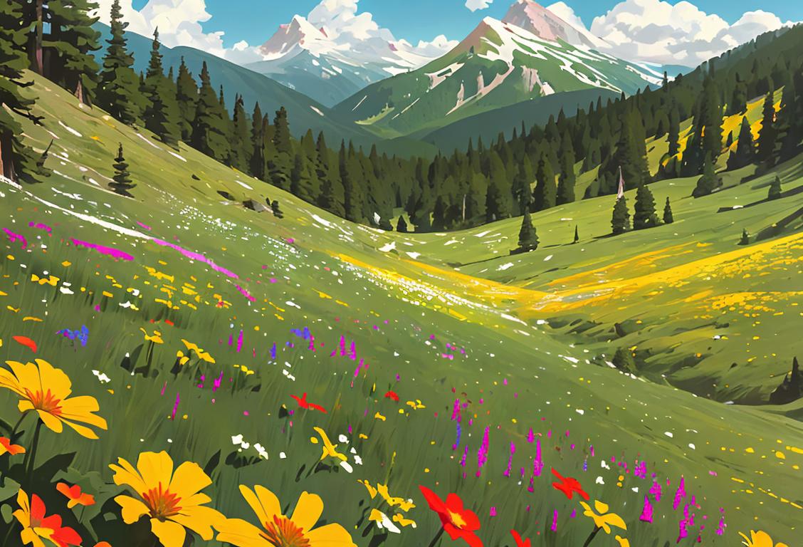 Family smiling and hiking in a lush green national park, wearing colorful hiking gear, surrounded by majestic mountains and blooming wildflowers..