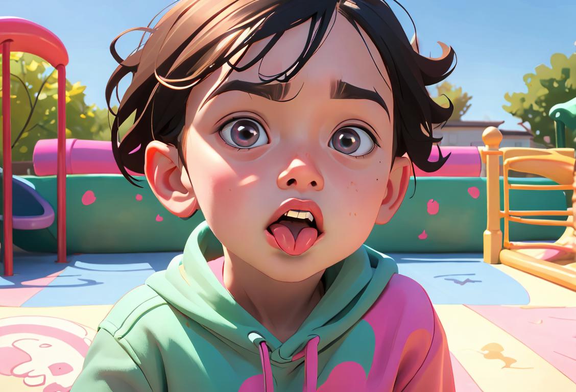 Young child sticking out tongue, wearing colorful clothes, playful expression, outdoor playground setting..