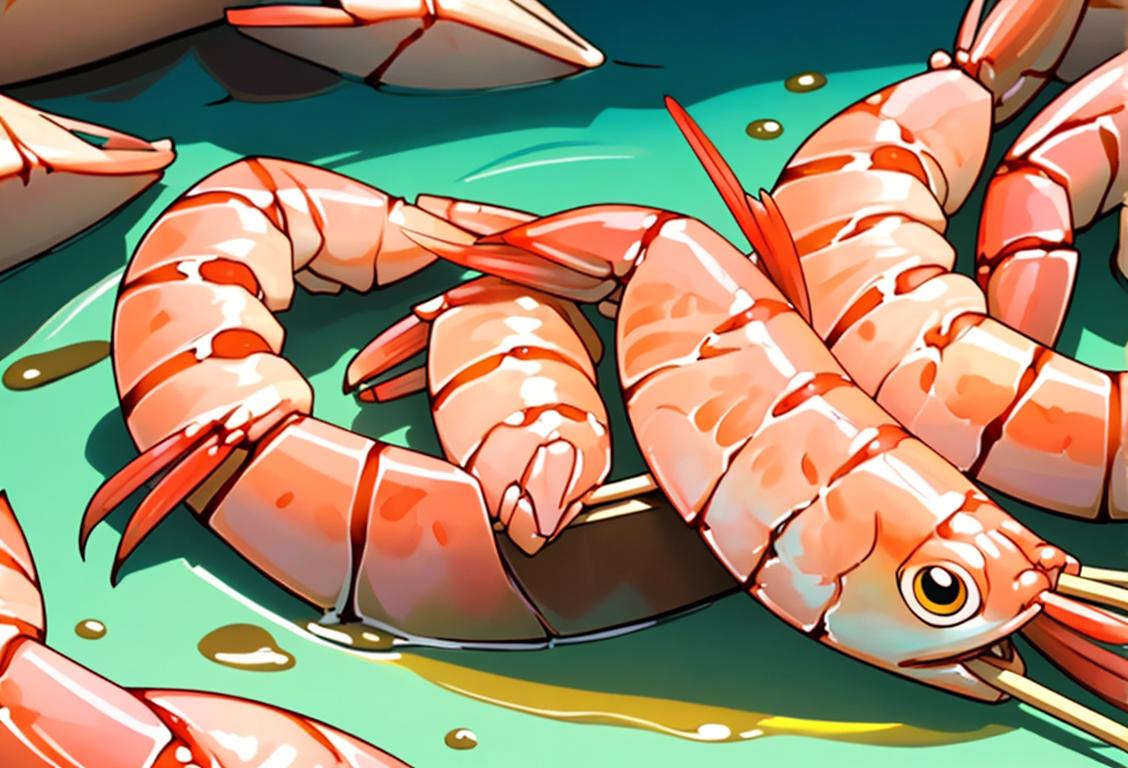 Zoomed-in shot of a shrimp skewer being grilled, with a smiling chef wearing a seafood-themed apron and a bustling outdoor shrimp grill scene..