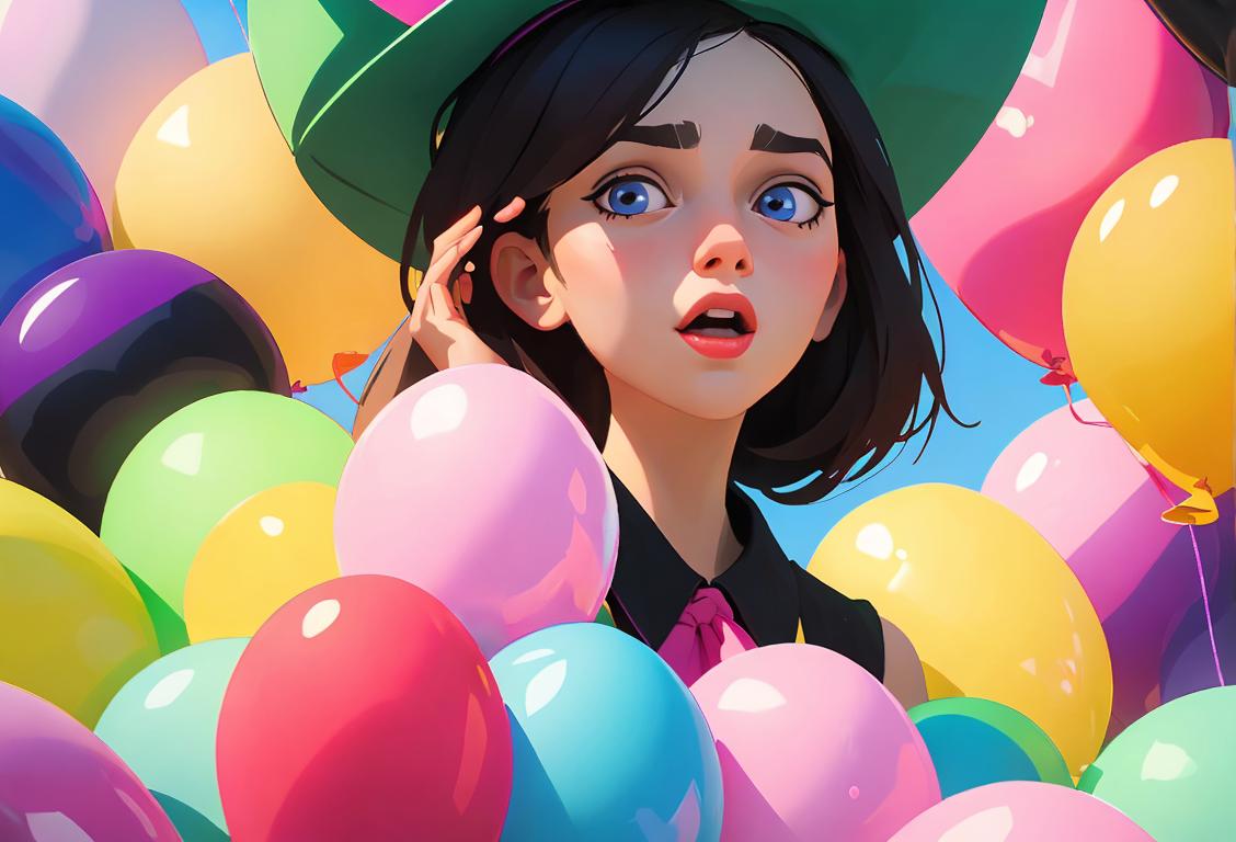 Young girl wearing a party hat, surrounded by colorful balloons, ready to pop them with excitement!.