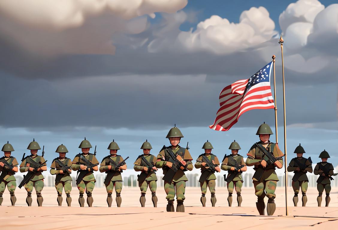 A group of National Guard soldiers in uniform, standing tall and proud, against a backdrop of the American flag..