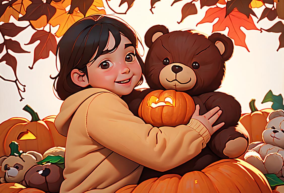 A joyful child hugging a teddy bear, wearing a cozy sweater, surrounded by fall leaves and a pumpkin patch..