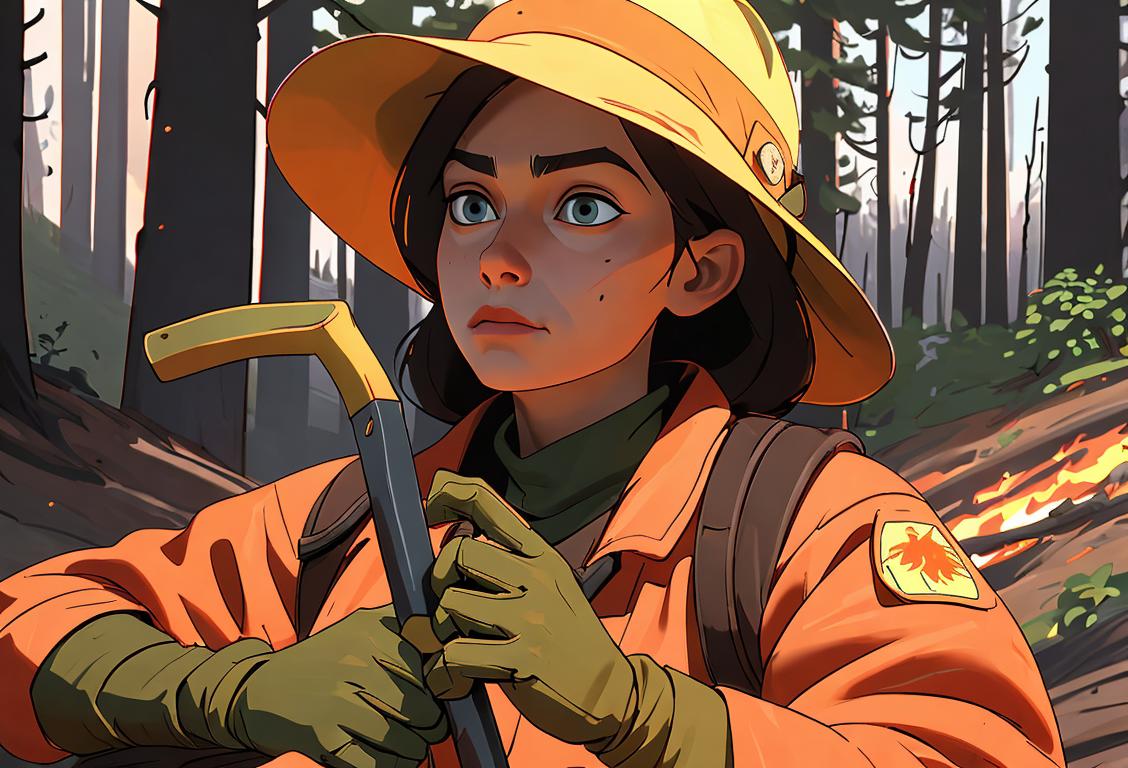 A close-up of a person in outdoor gear, holding a shovel, surrounded by forest, symbolizing preparedness and protection against wildfires..
