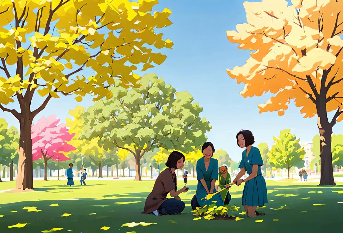 A group of diverse people, dressed in eco-friendly clothing, planting trees in a vibrant and sunny park..