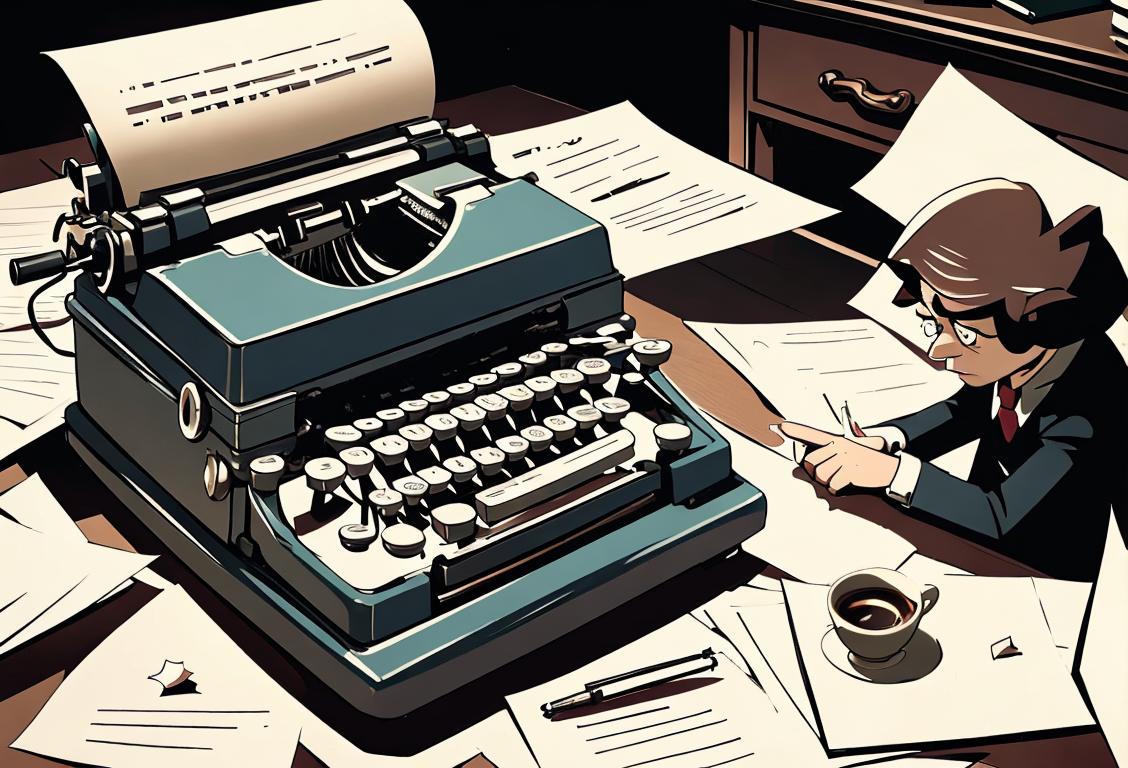 A person sitting at a desk, surrounded by crumpled pieces of paper, typing furiously on a vintage typewriter, with a cup of coffee nearby..