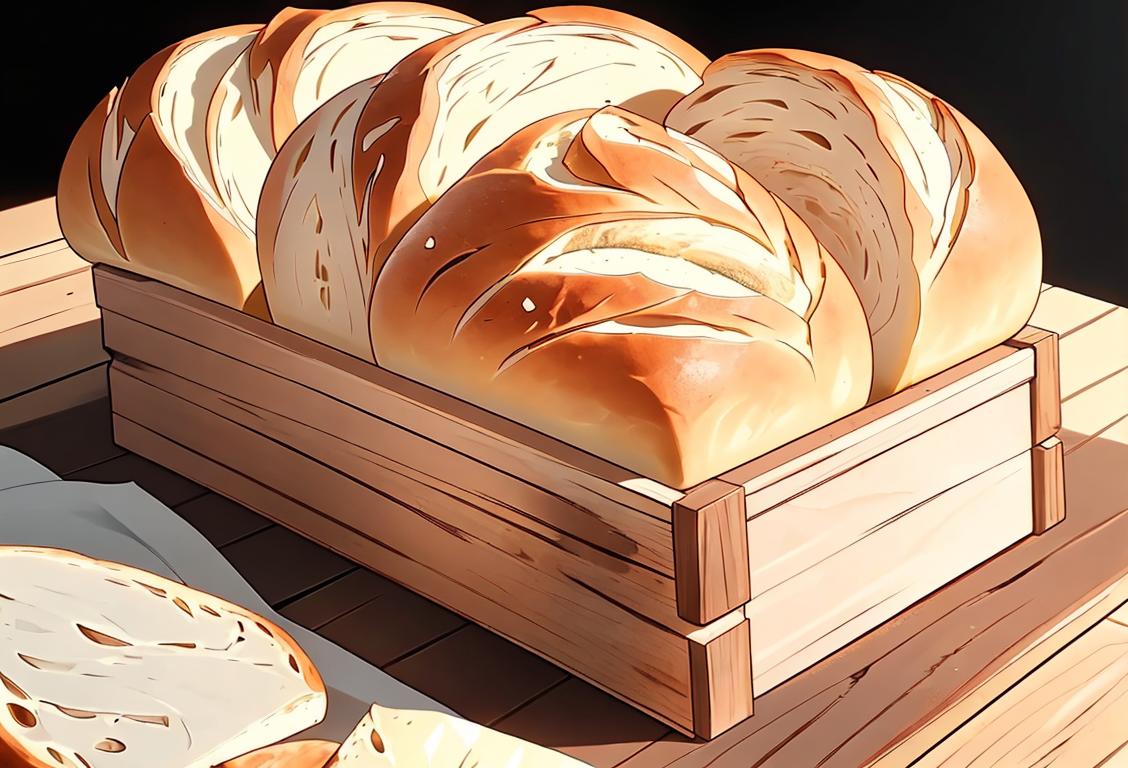 Close-up of a rustic loaf of sourdough bread, with a baker's apron and wooden cutting board..