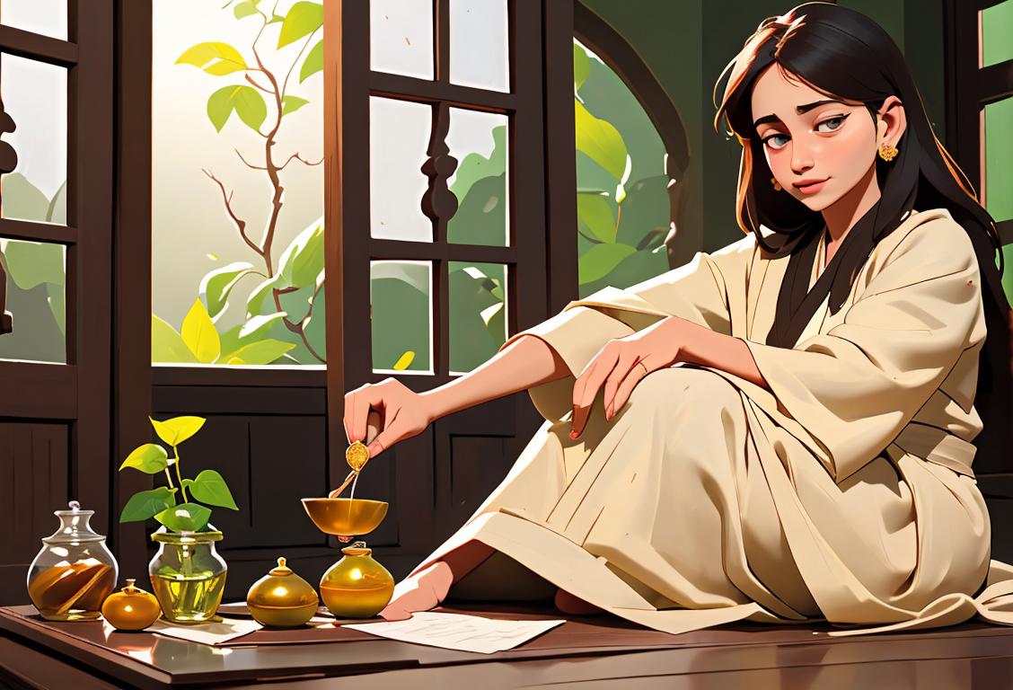 A serene setting with a person practicing Unani medicine, wearing traditional clothing, surrounded by herbs and natural remedies..