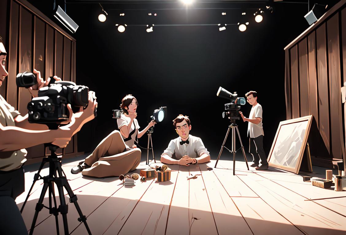 A group of filmmakers, each with their unique style and wardrobe, holding clapboards, surrounded by props and cameras in a film studio..