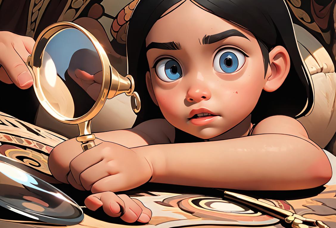 Bright-eyed child, wearing a magnifying glass necklace, exploring an ancient artifact, surrounded by a rich tapestry of cultural symbols..