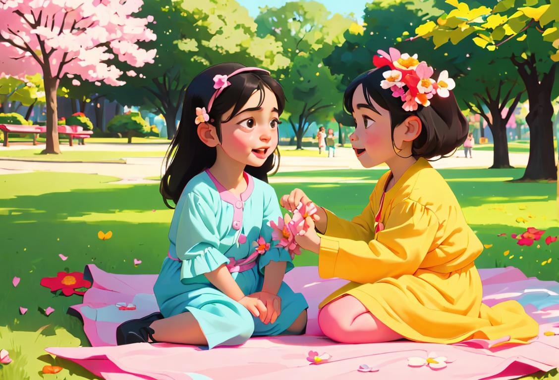 Young child happily playing with their yaya, dressed in colorful clothes, in a park surrounded by blooming flowers..