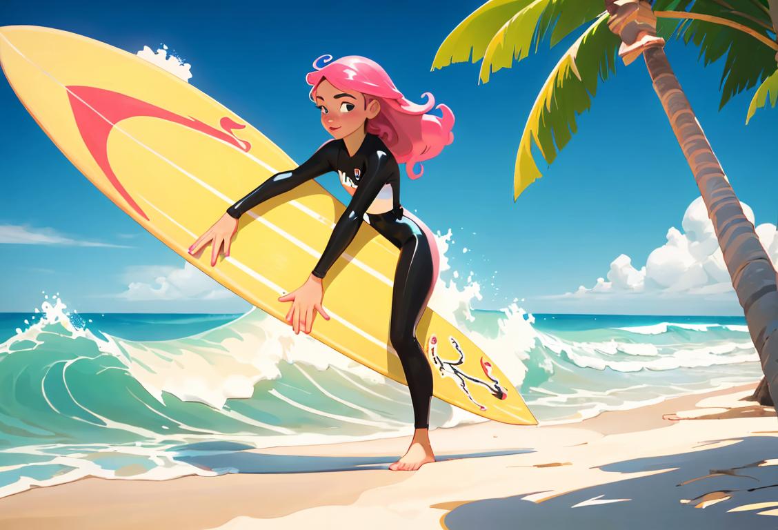 Young woman riding a colorful wave, wearing retro 80s clothing, beach scene with palm trees and surfboards..