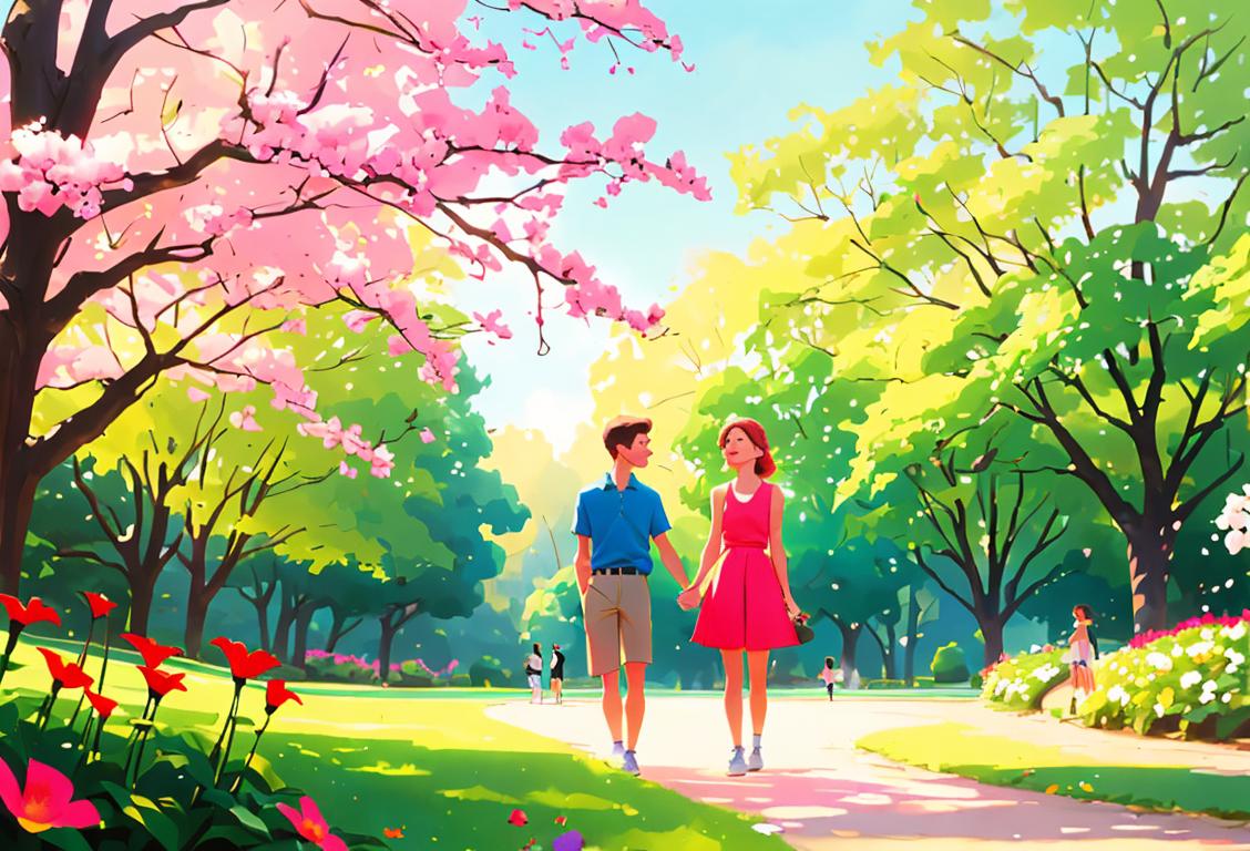 Young couple walking hand in hand through a lush park filled with colorful flowers and tall trees, wearing matching athletic outfits, sunny day..