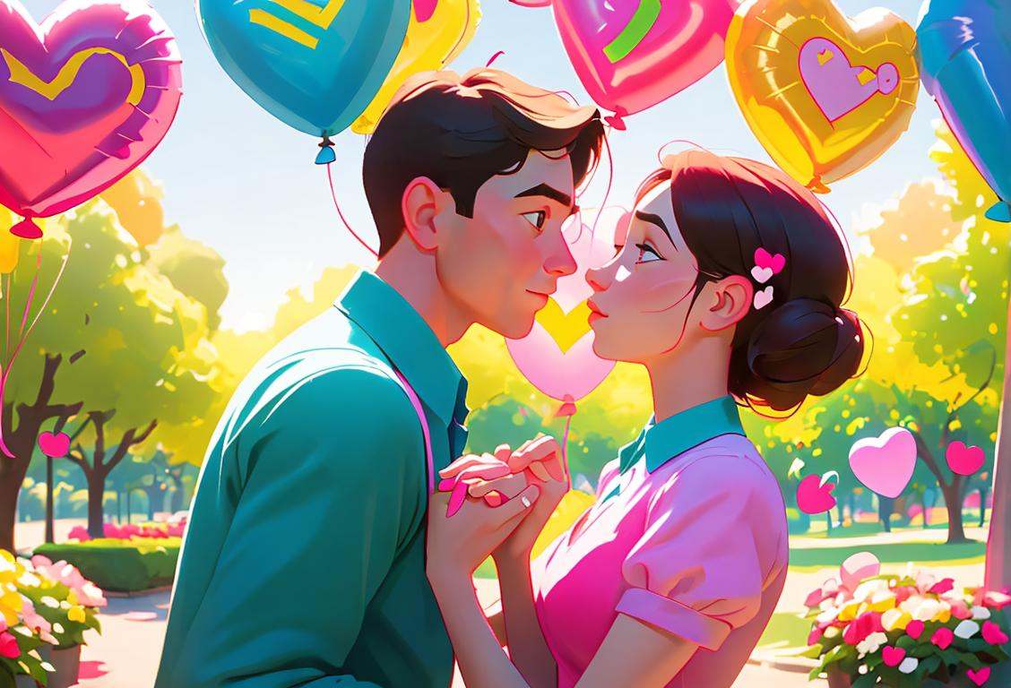 Young couple holding hands, surrounded by heart-shaped balloons, dressed in colorful clothing, dancing in a park filled with flowers..