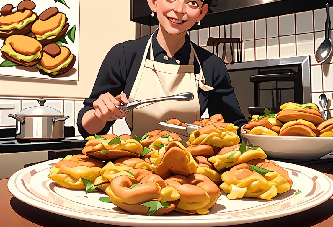 Cheerful person holding a plate of savory fritters, wearing a chef's hat, bustling kitchen scene with various ingredients and utensils..