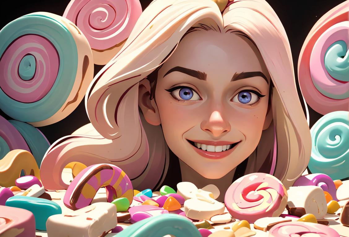 A smiling person, dressed in chic fashion, happily enjoying a nougat treat, surrounded by a colorful candy wonderland..