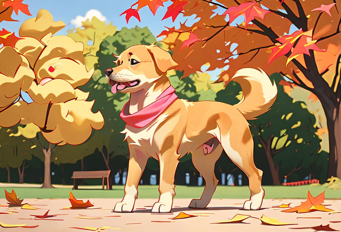 Adorable golden retriever puppy playing in a park, wearing a cute bandana, surrounded by colorful autumn leaves..