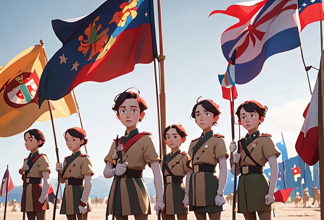 Group of brave children of different backgrounds and outfits standing in front of a flag, symbolizing unity and courage.