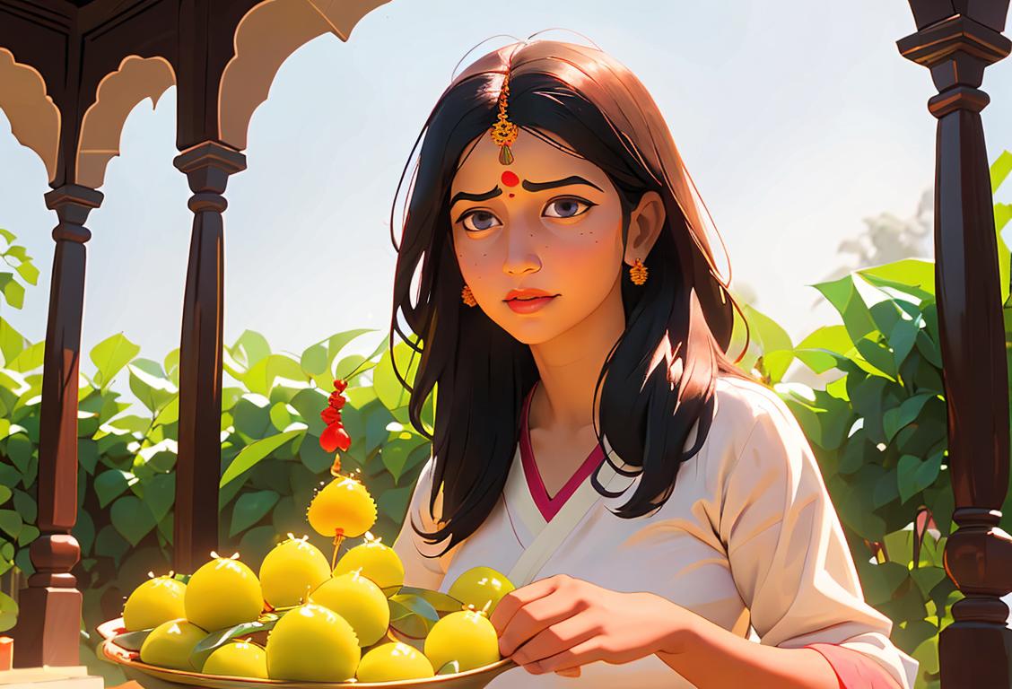 Young woman in traditional Indian clothing, performing a sacred Tulsi Pujan ritual, vibrant decorations adorning the surroundings..