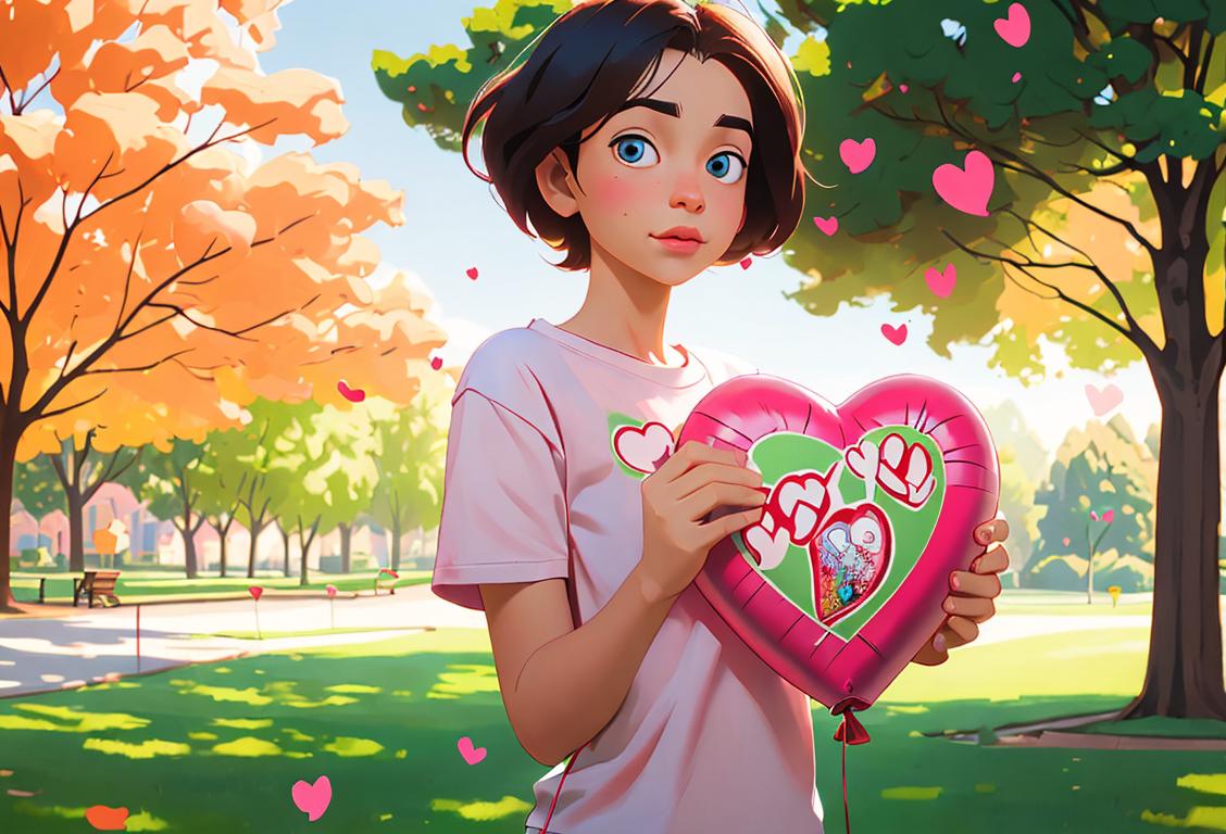 Young adult holding a heart-shaped balloon, wearing a t-shirt with 'Organ Donor' print, park setting with trees in the background..