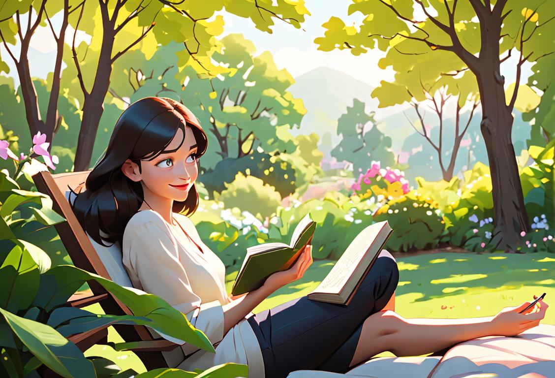 Person sitting outside, surrounded by nature, reading a book, smiling and embracing the peacefulness of National Turn Off Your TV Day..