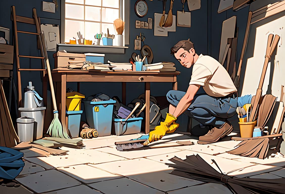 A person wearing work gloves and holding a broom, surrounded by piles of items to be cleaned out..