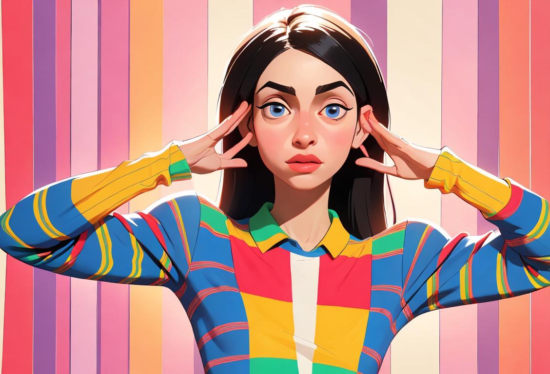 A person posing in a fashionable outfit, showcasing a variety of striped patterns, with a vibrant and trendy background..