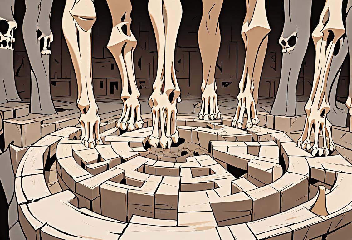 Group of people wearing comfortable shoes, exploring a bone-shaped maze, surrounded by intriguing medical equipment and charts..