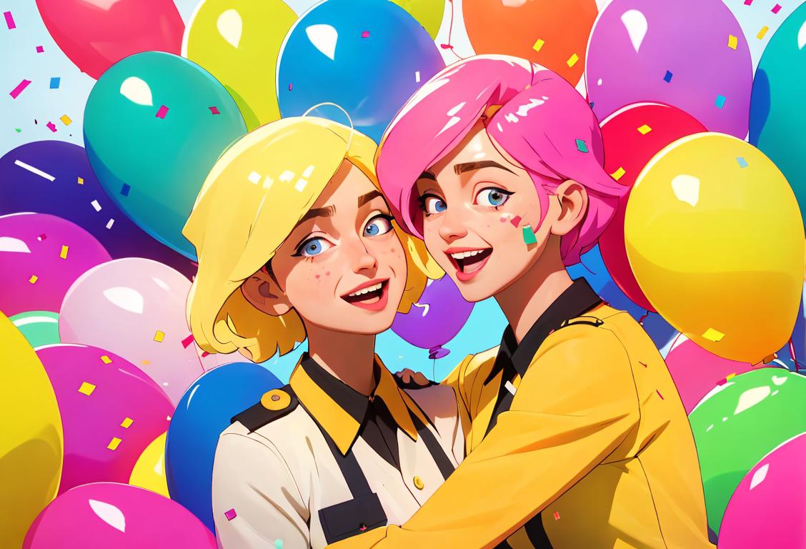 Happy service providers being showered with appreciation, wearing colorful uniforms, surrounded by cheerful balloons and confetti..