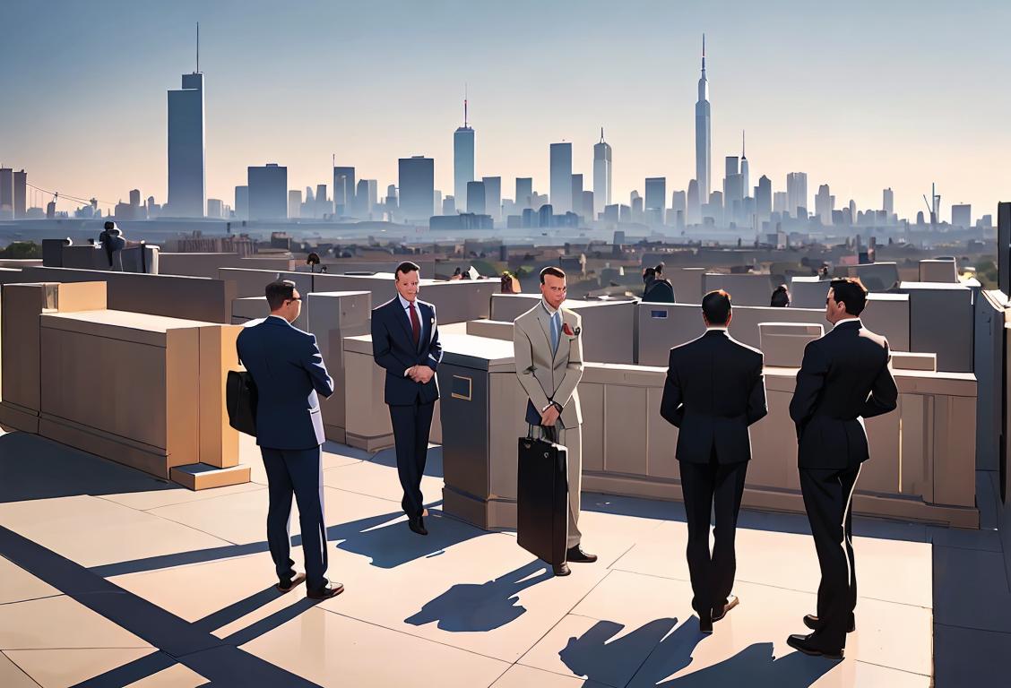 A group of diverse individuals wearing suits, carrying briefcases, and standing in front of a modern city skyline, emphasizing collaboration and national security..