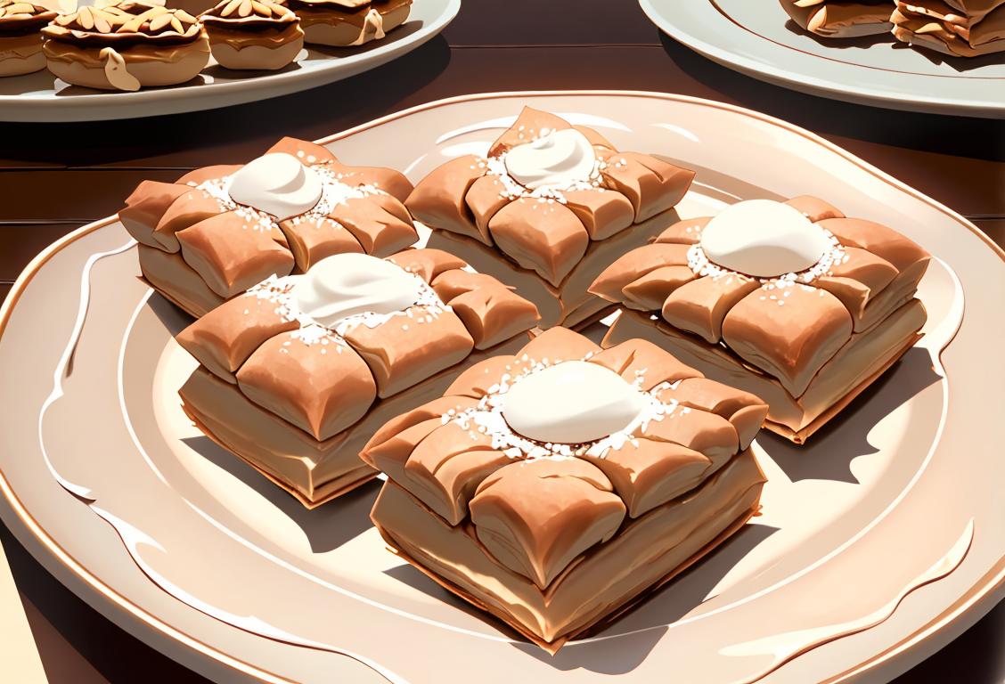 A close-up shot of a tray filled with layers of flaky pastry and rich, nutty baklava, with a sprinkle of powdered sugar on top. The backdrop includes a cozy, rustic kitchen setting..