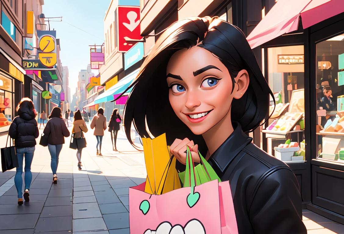 Young customer holding a shopping bag, wearing a friendly smile, vibrant city street, trendy fashion style..