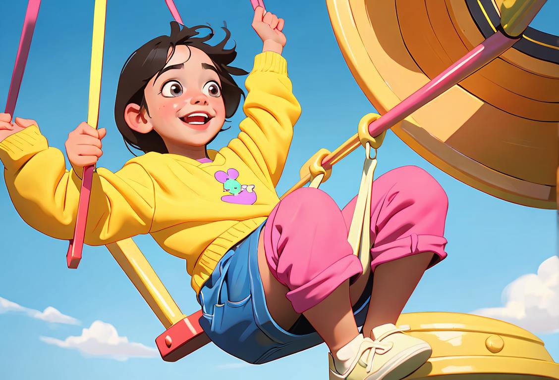 Young child swinging on a colorful suspended swing, surrounded by a playground filled with laughter and joy..