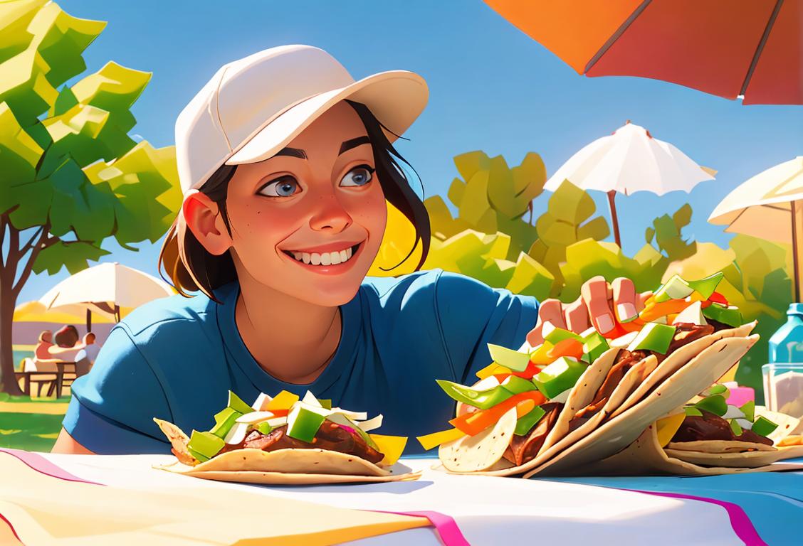 A smiling individual holding a soft taco, dressed in casual attire, enjoying a sunny outdoor picnic with friends..