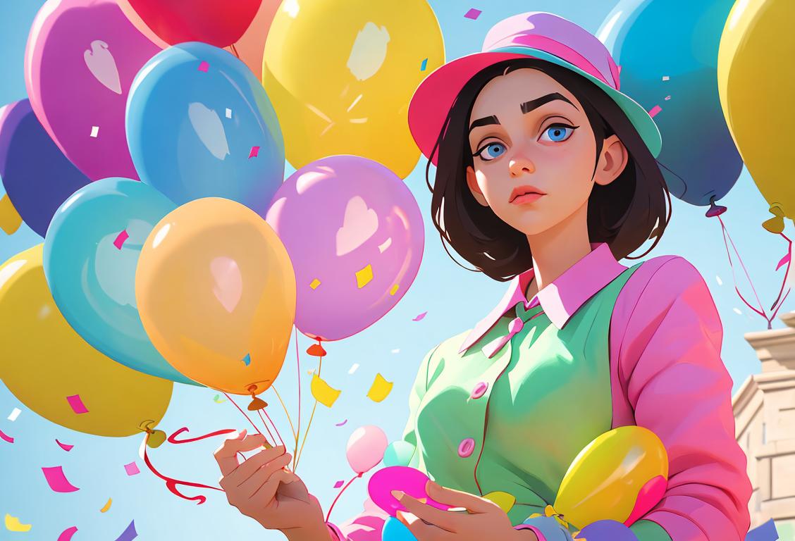 A young person in a stylish outfit, holding a hat, surrounded by colorful balloons and confetti..