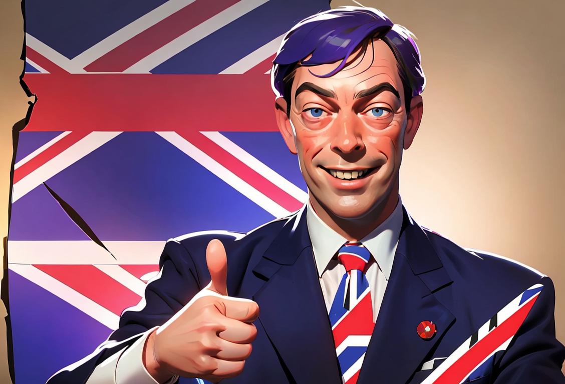 Middle-aged man wearing a suit, smiling and giving a thumbs-up, surrounded by Union Jack flags and a diverse group of people..