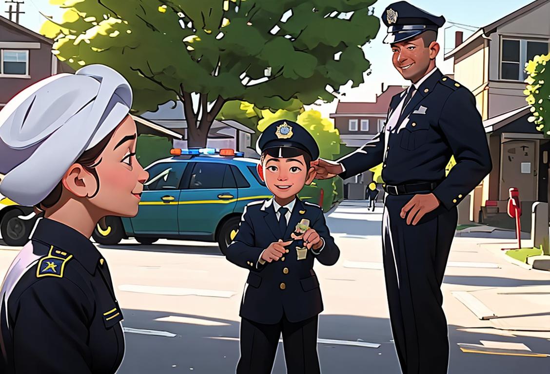 Police officer with a warm smile, wearing a traditional uniform, standing in a safe neighborhood with children playing..