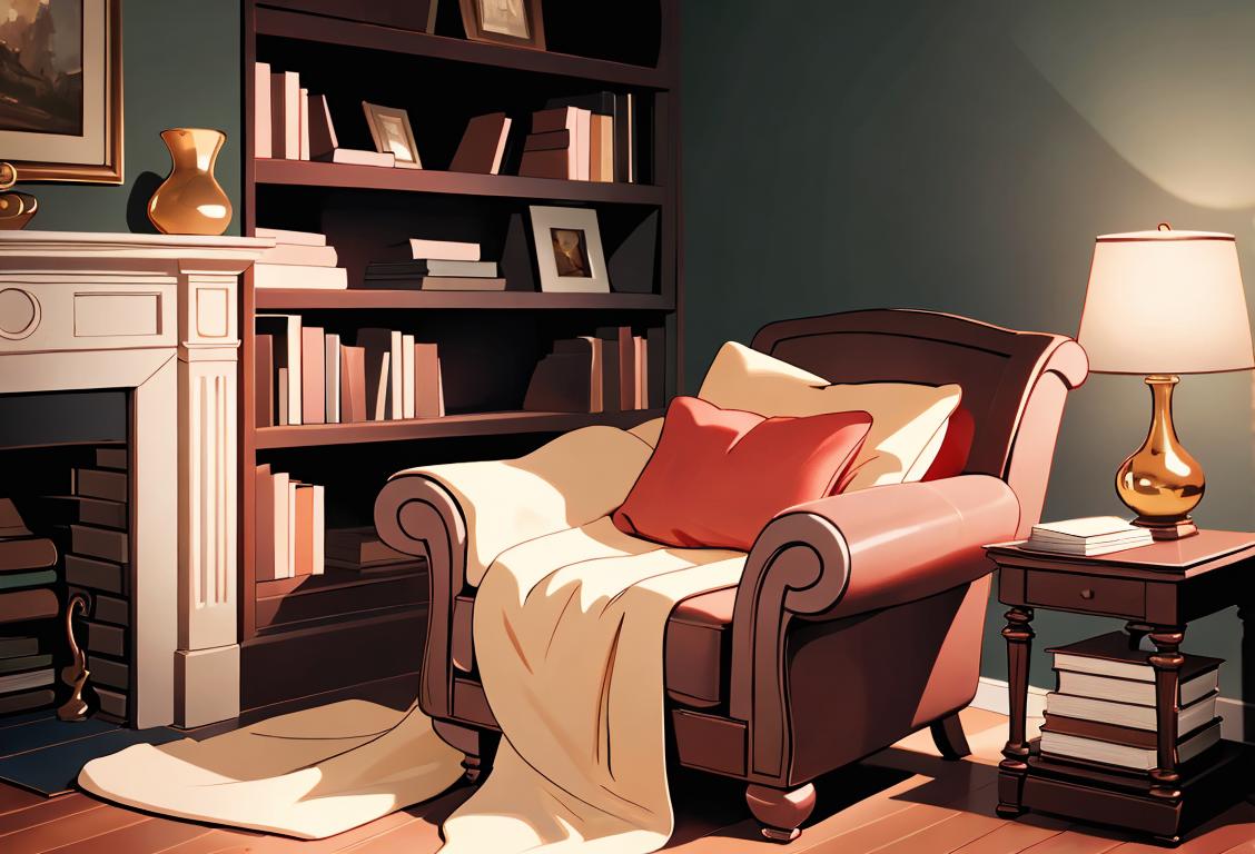 A cozy reading nook with a comfy armchair, warm blanket, and a stack of books ready to be devoured..