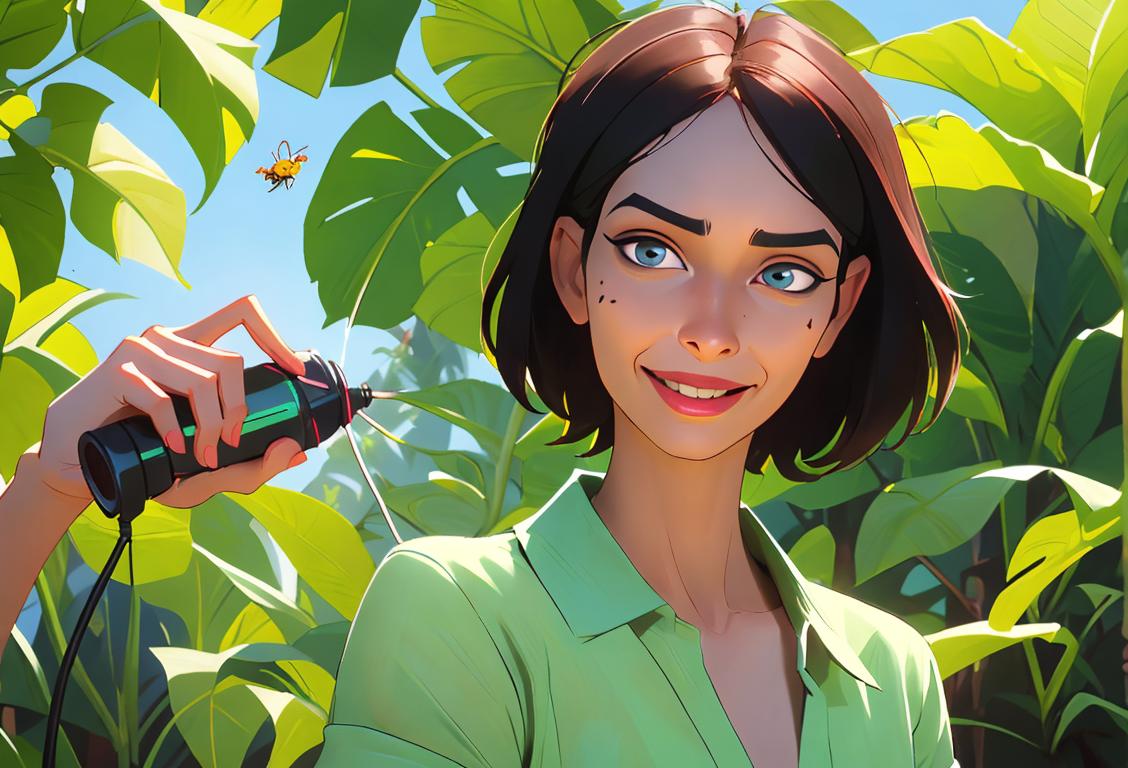 Happy person using bug spray to protect against dengue, surrounded by lush greenery and wearing summer clothes..