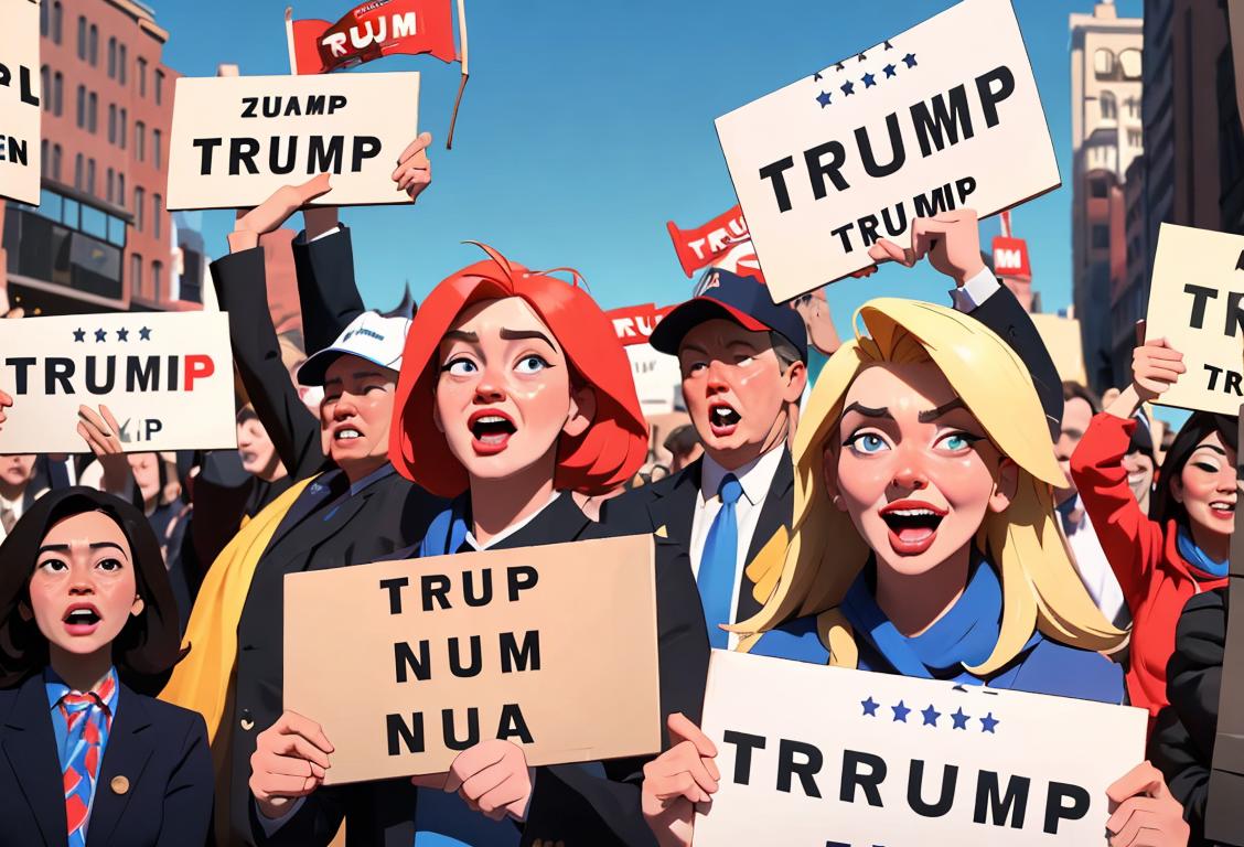 A joyful group of diverse people holding up signs, celebrating National Trump Resign Day in a lively city square..