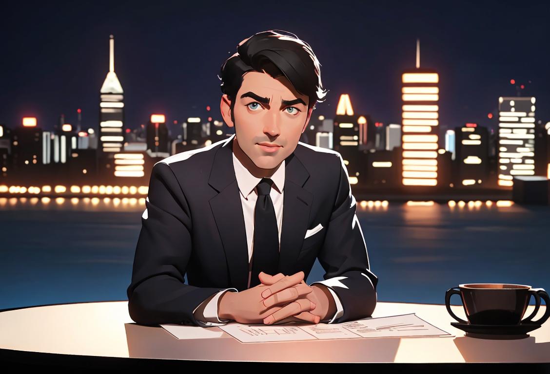 A charismatic talk show host sitting behind a desk, engaging with guests and a live audience, with an energetic city skyline in the background..