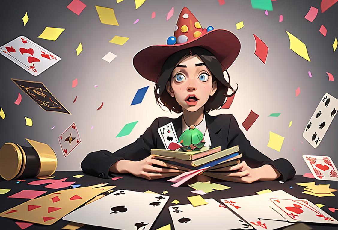Person attempting to balance a tower of wobbly cards, wearing a party hat and surrounded by a confetti-filled background..