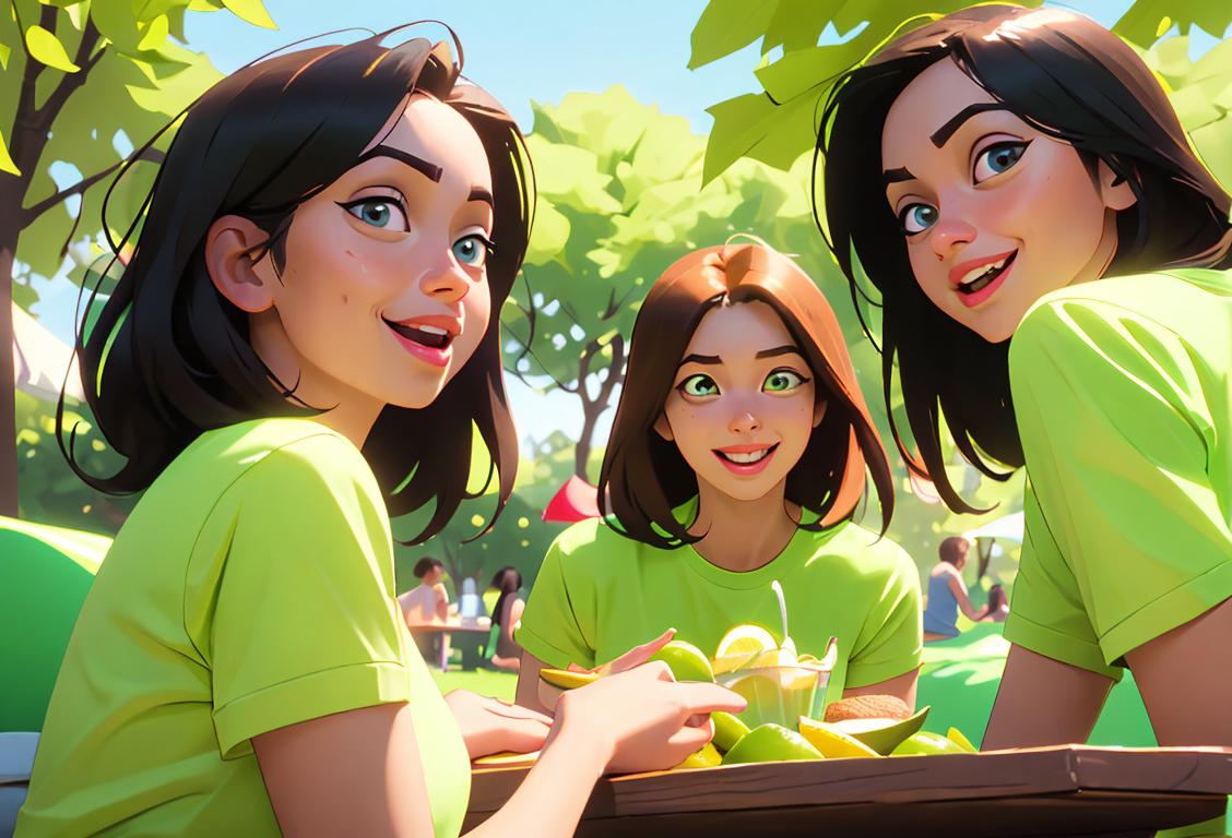 A joyful group of friends, wearing lime green shirts, having a picnic in a sunny park with lime-themed decorations..