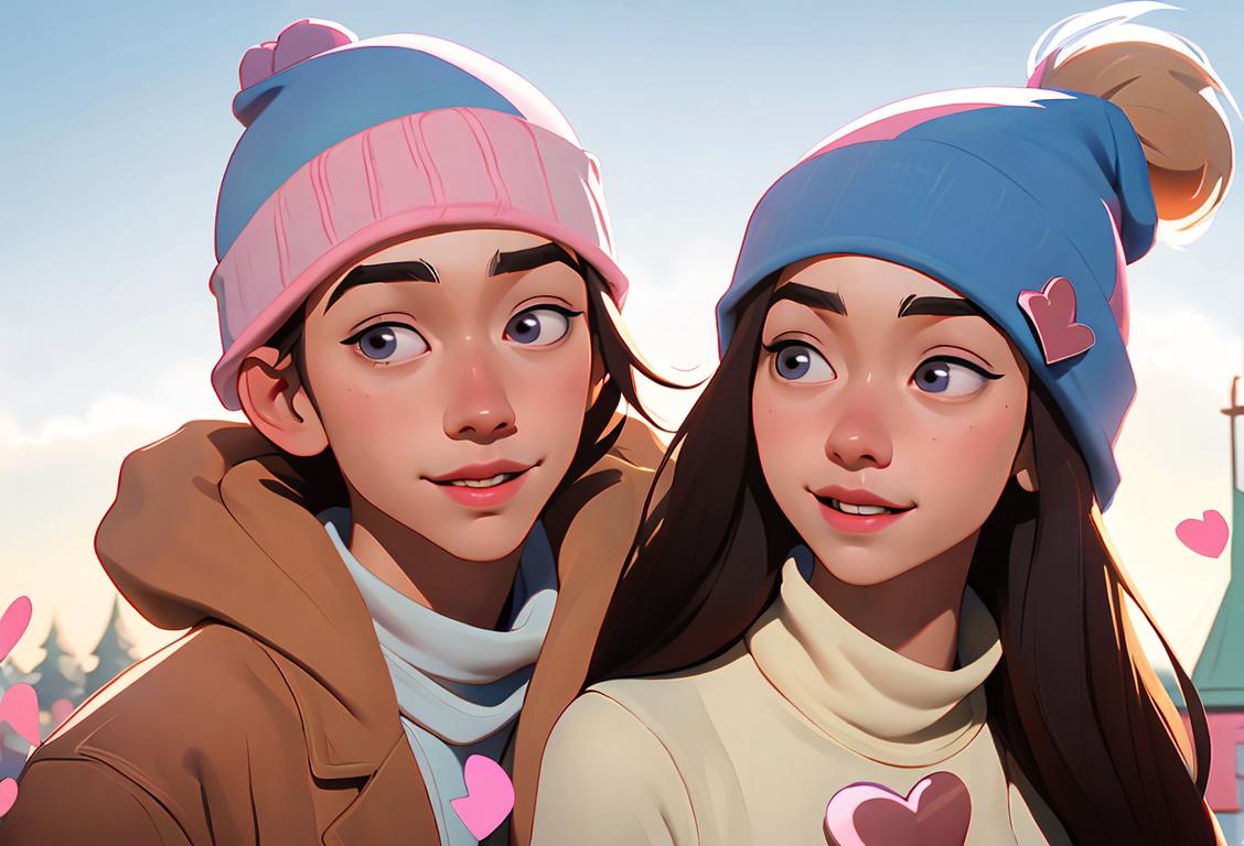Young couple, one wearing a beanie hat, embracing in a dreamy, whimsical setting with hearts floating in the air..
