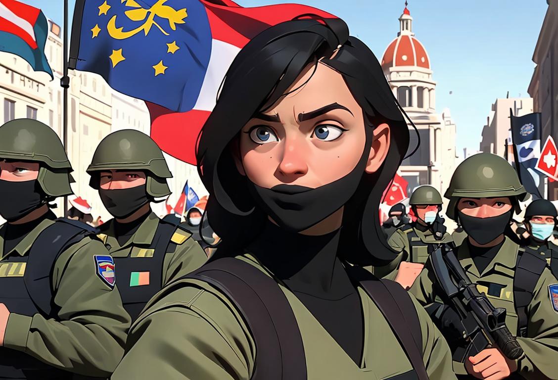 A group of National Guard members in uniform assisting peaceful protesters, with diverse backgrounds, in a vibrant city setting..