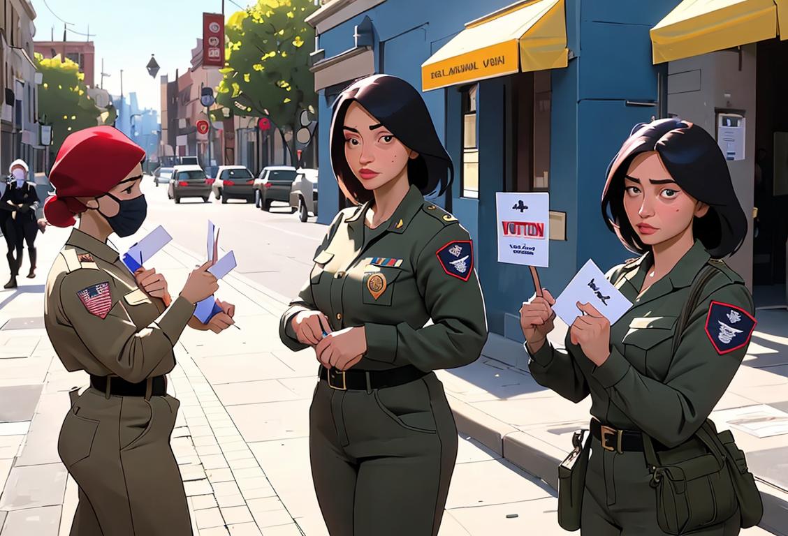 A diverse group of National Guardsmen and women, in various city settings, ensuring a safe and secure voting process on Election Day..