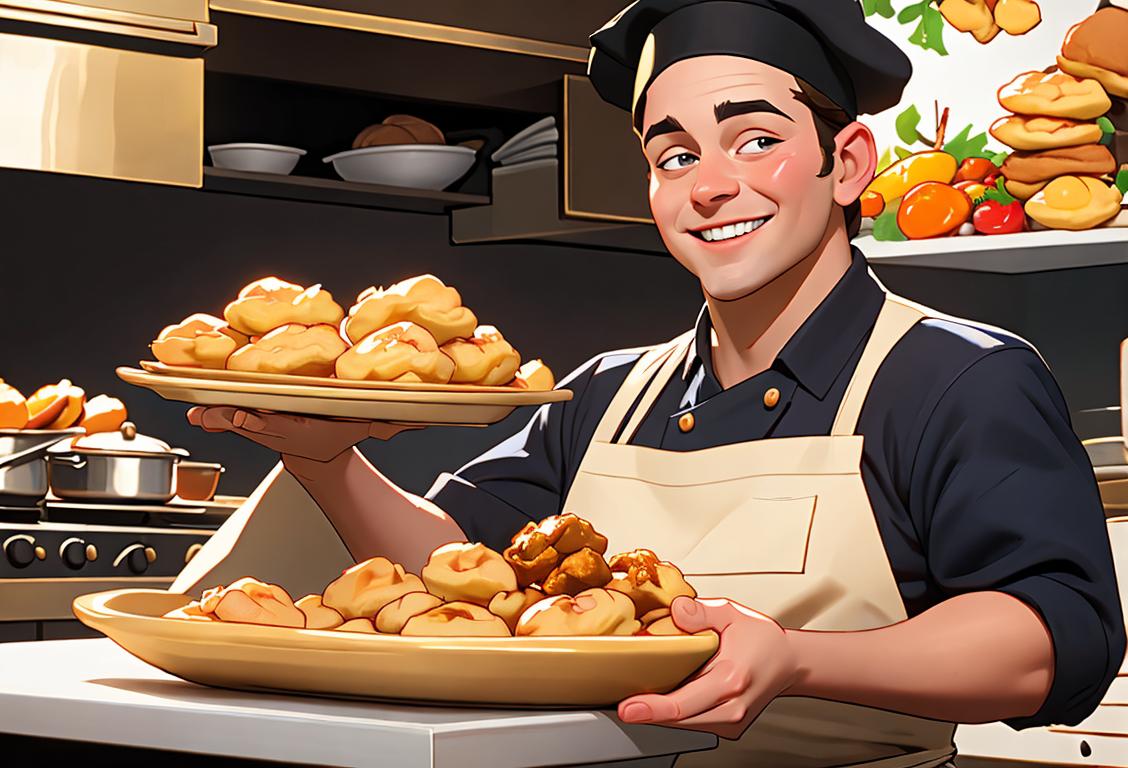 A smiling chef holding a platter of golden fritters, wearing a chef hat and apron, in a bustling kitchen surrounded by delicious ingredients..